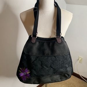Haiku Black Purple Flower Large Satchel Shoulder Bag. MCB3605